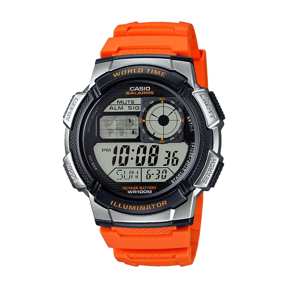 AE-1000W-4BVCF Casio World Time Digital Orange Band Watch