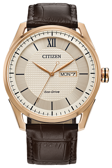 AW0082-01A-Citizen Rose Gold/Ivory and brown leather band Eco-Drive