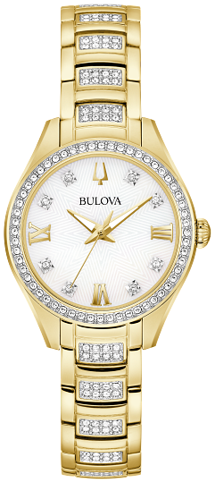 98L306-Bulova Gold and white with crystals watch