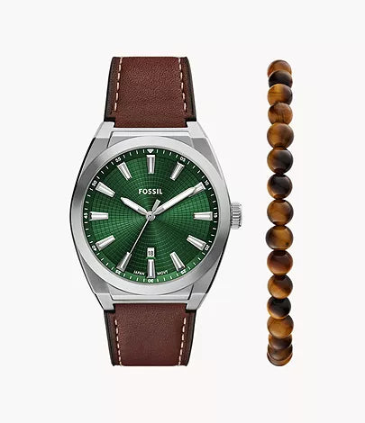 FS6080SET Everett Three-Hand Date Brown Leather Watch and Bracelet Set Fossil