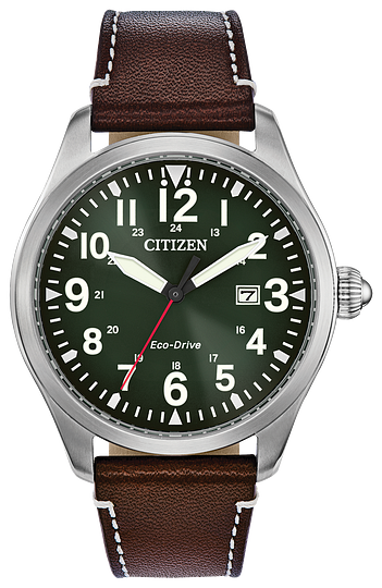 BM6838-09X-Citizen Silver/Green and brown leather band Eco-Drive watch