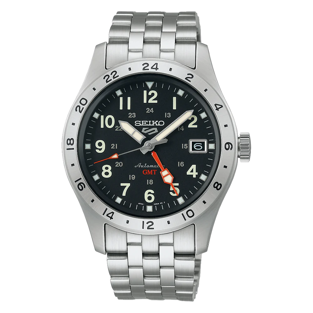 SSK023K1 SEIKO GMT 5 Sports Field Black Face Silver Band