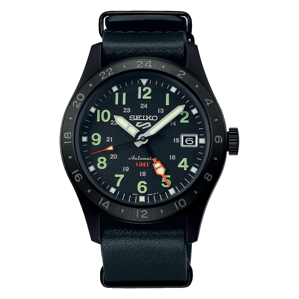 SSK025K1- Seiko Automatic GMT Black Dial Black Leather Band