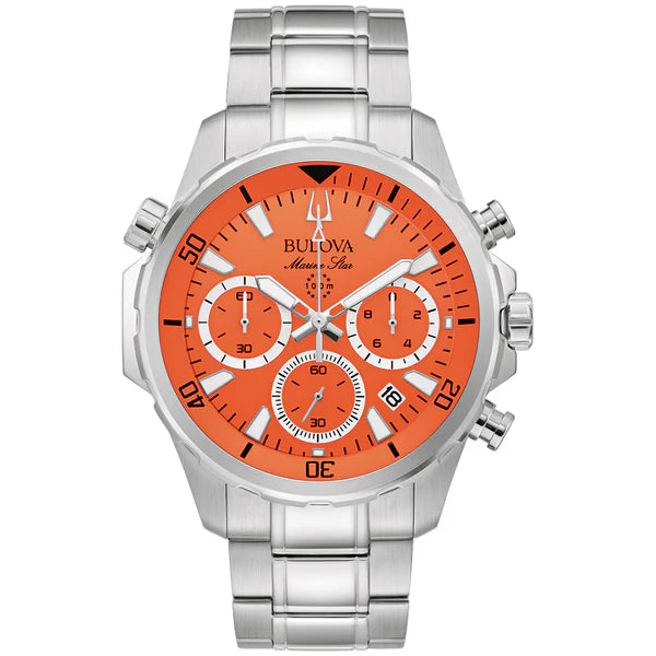 96B395 Bulova Chronograph Marine Star Watch with Orange Face