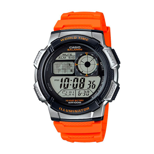 AE-1000W-4BVCF Casio World Time Digital Orange Band Watch