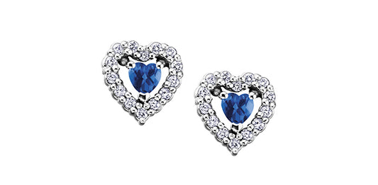 E2274W/9-10 10K WG Sapphire + Diamond Hearts .14ctw
