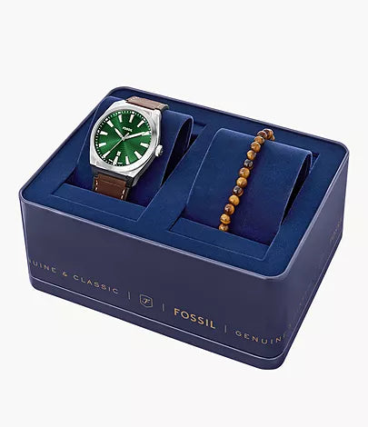 FS6080SET Everett Three-Hand Date Brown Leather Watch and Bracelet Set Fossil