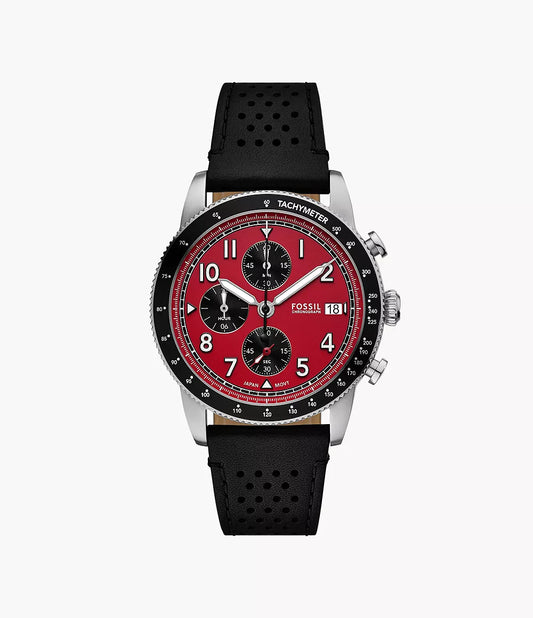 FS6086 Mens Fossil Red Sport Tourer Chronograph Black Leather Watch