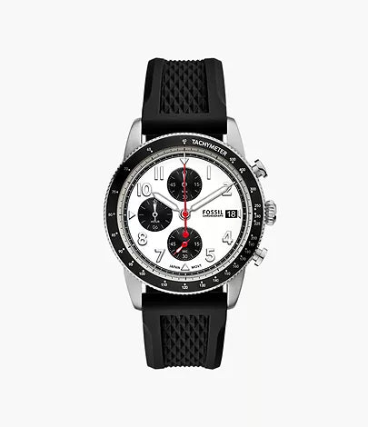 FS6087 Mens Fossil White Sport Tourer Chronograph Black Silicone Watch