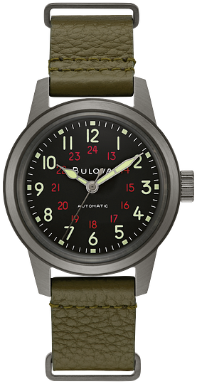 98A255-Bulova Brushed metal/black and green leather band automatic watch