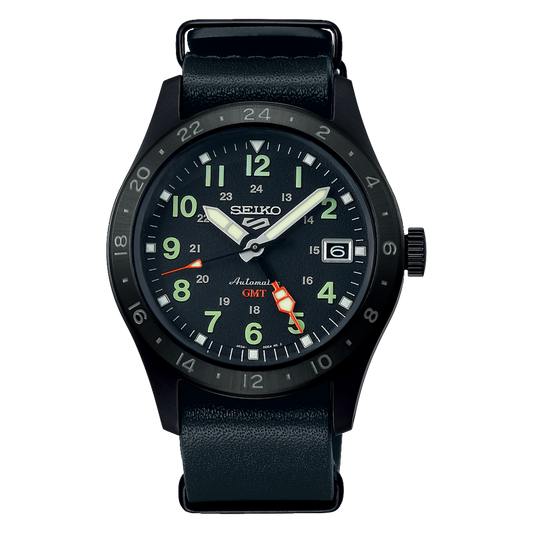 SSK025K1- Seiko Automatic GMT Black Dial Black Leather Band