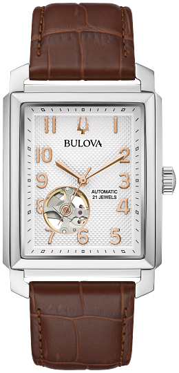 96A268-Bulova Silver/White and Brown leather automatic watch