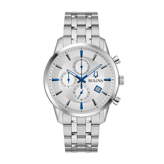96B404 Bulova  Chronograph Watch Silver Tone with Blue Accents
